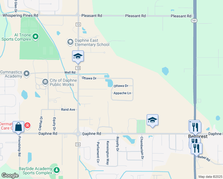 map of restaurants, bars, coffee shops, grocery stores, and more near Ottawa Drive in Daphne