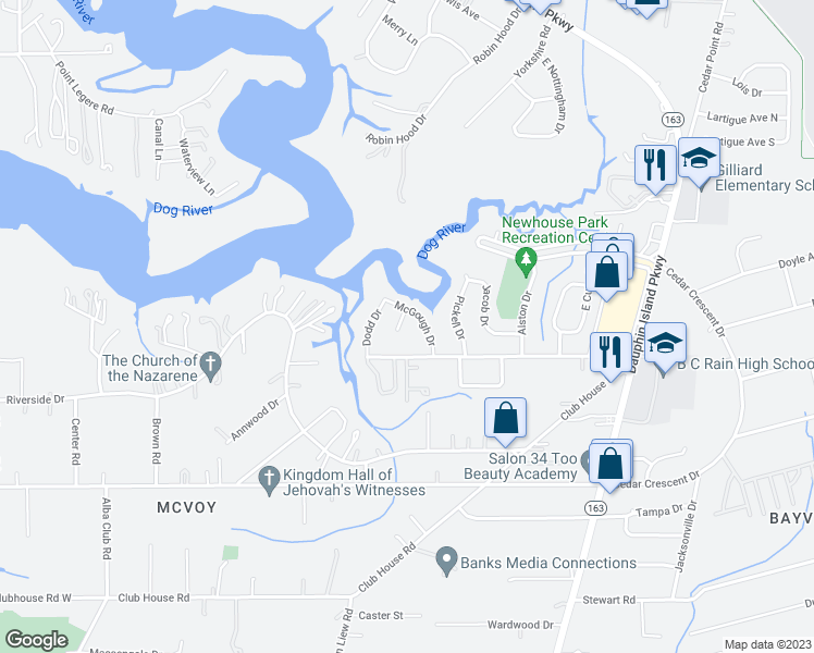 map of restaurants, bars, coffee shops, grocery stores, and more near 3005 McGough Court in Mobile