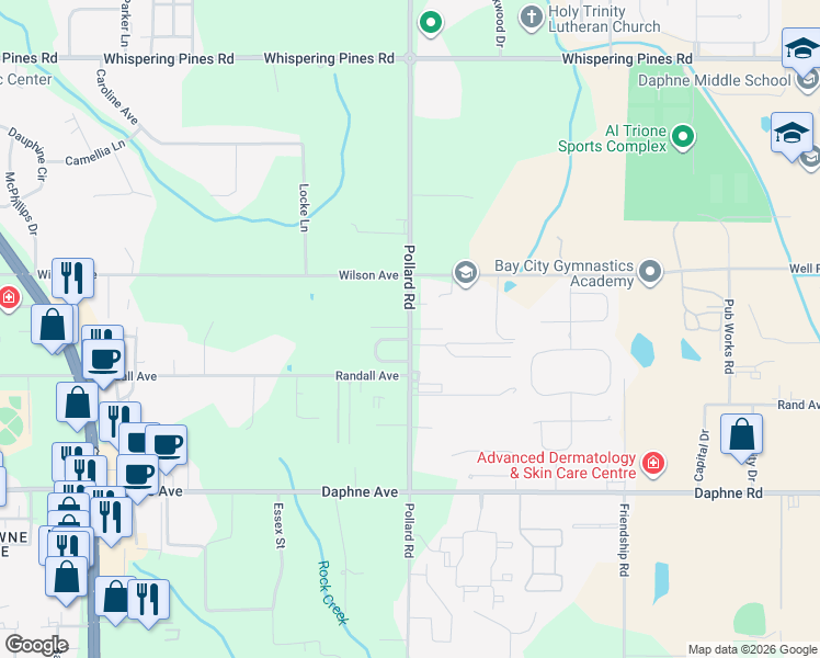 map of restaurants, bars, coffee shops, grocery stores, and more near 2165 Pollard Road in Daphne