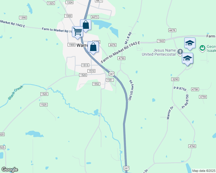 map of restaurants, bars, coffee shops, grocery stores, and more near 221 County Road 1550 in Warren