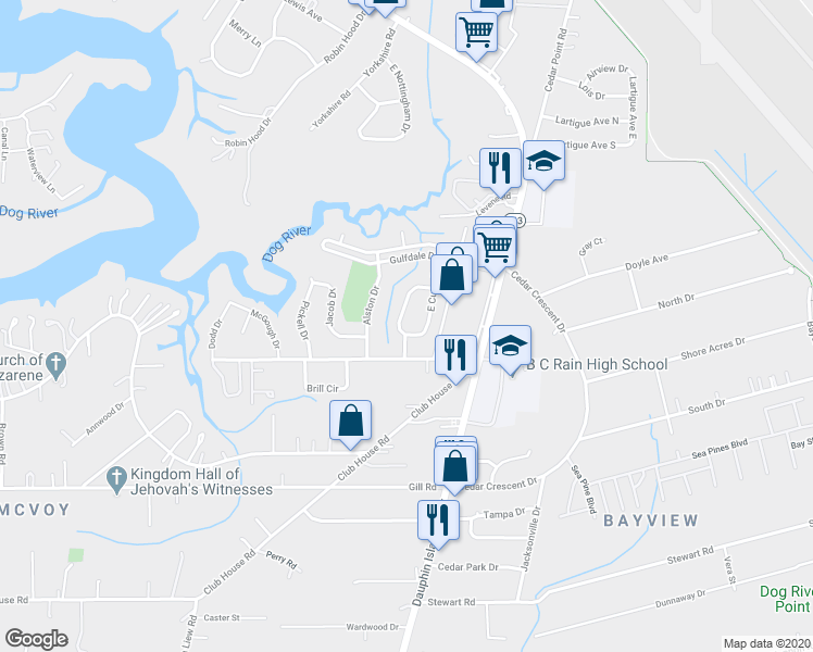 map of restaurants, bars, coffee shops, grocery stores, and more near 3027 Curry Drive West in Mobile