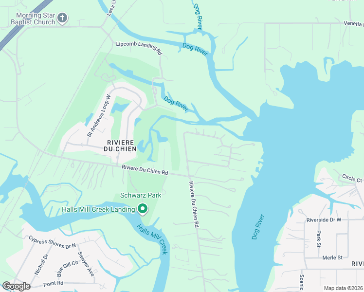 map of restaurants, bars, coffee shops, grocery stores, and more near 3117-3149 West Riviere Du Chien Loop in Mobile