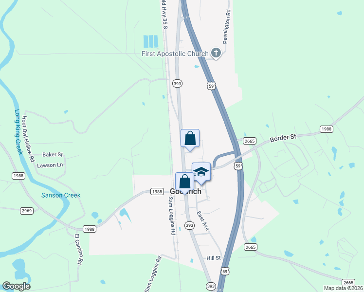 map of restaurants, bars, coffee shops, grocery stores, and more near 881 State Highway Loop 393 in Goodrich