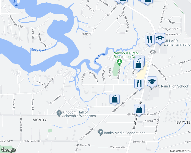 map of restaurants, bars, coffee shops, grocery stores, and more near 1951 McGough Drive in Mobile