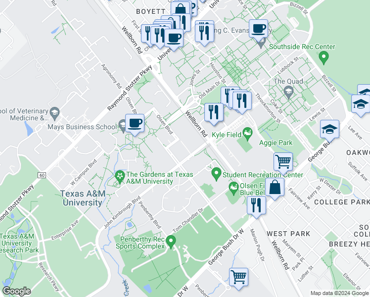 map of restaurants, bars, coffee shops, grocery stores, and more near 133-155 John Kimbrough Boulevard in College Station