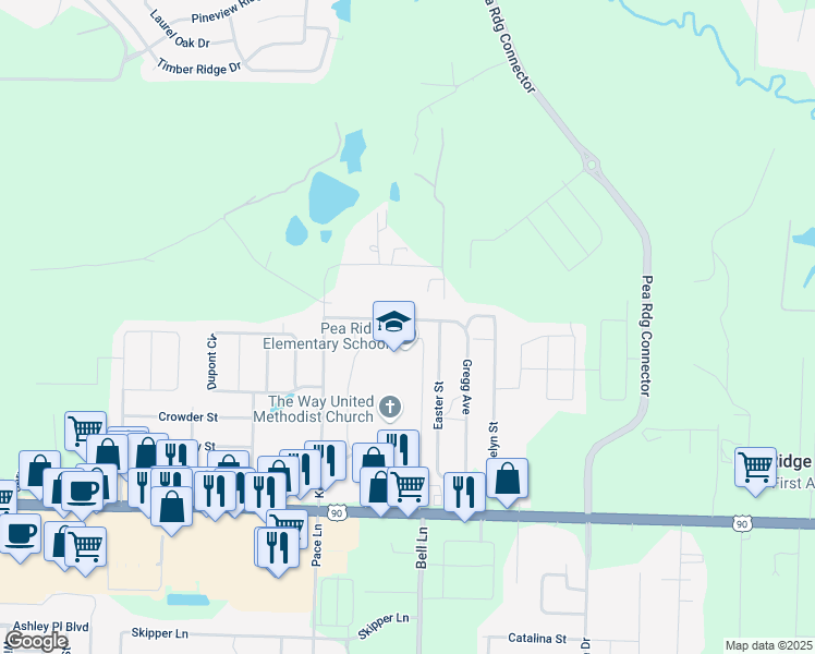 map of restaurants, bars, coffee shops, grocery stores, and more near 4755 Easter Street in Pace
