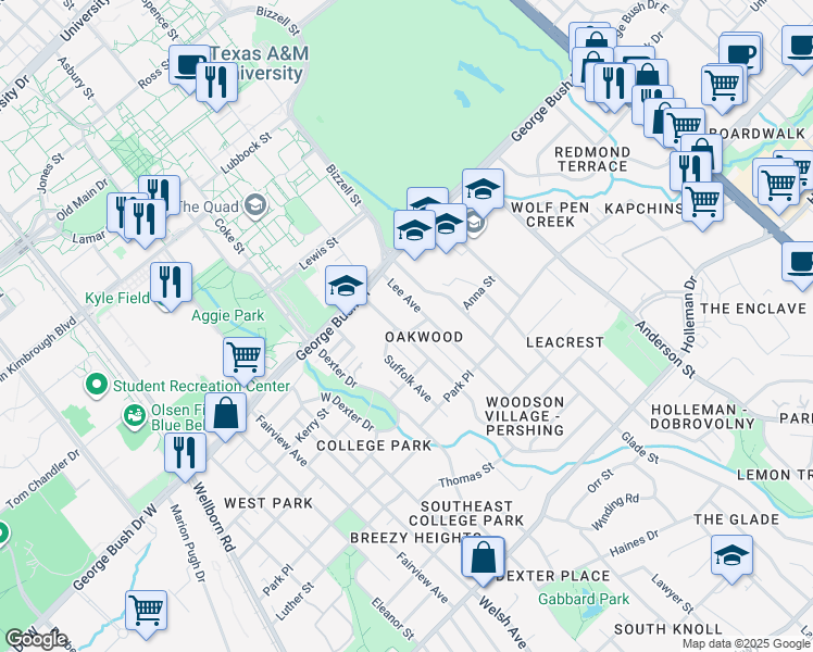 map of restaurants, bars, coffee shops, grocery stores, and more near 125 Pershing Avenue in College Station