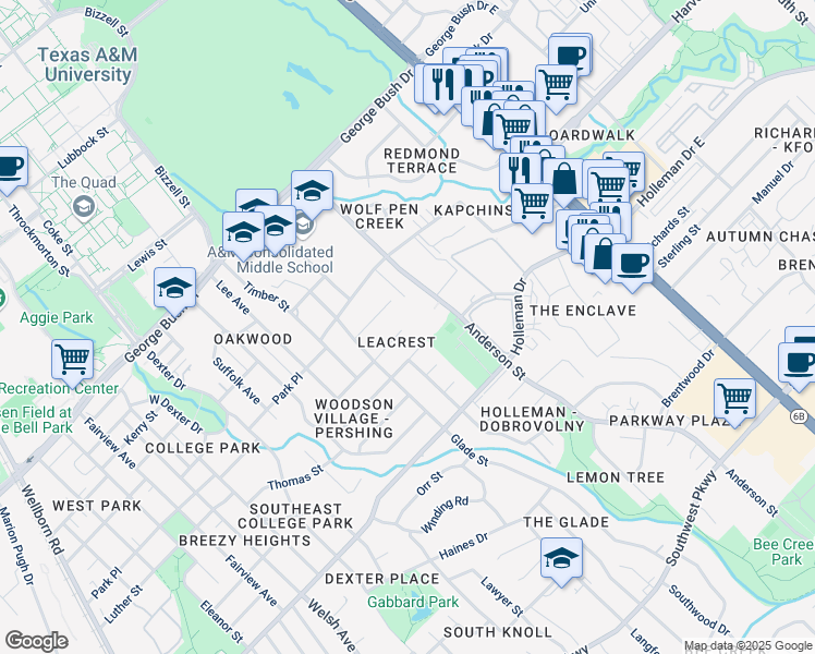 map of restaurants, bars, coffee shops, grocery stores, and more near 1308 Timm Drive in College Station
