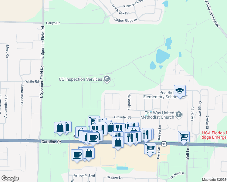 map of restaurants, bars, coffee shops, grocery stores, and more near 4756 Pierce Lane in Pace