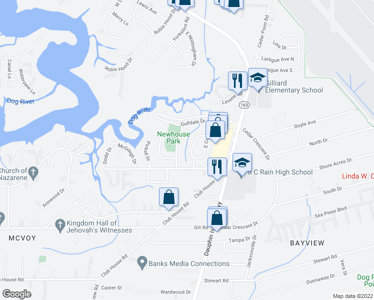 map of restaurants, bars, coffee shops, grocery stores, and more near 3024 Curry Drive West in Mobile