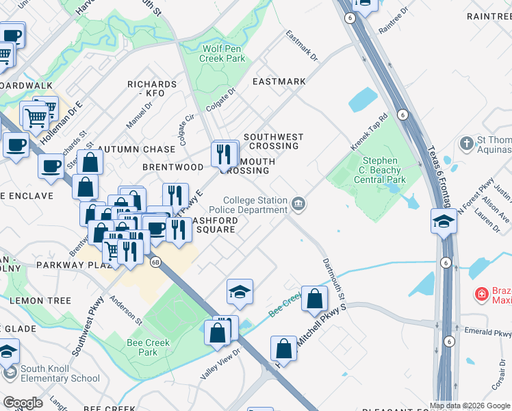 map of restaurants, bars, coffee shops, grocery stores, and more near 509 Camp Court in College Station