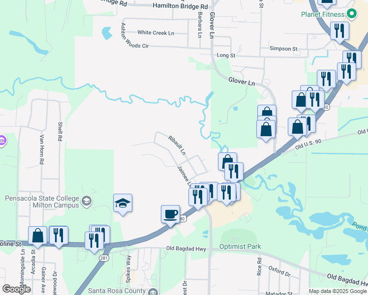 map of restaurants, bars, coffee shops, grocery stores, and more near 4792 Jaimee Leigh Drive in Milton