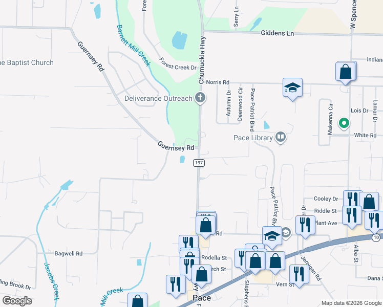 map of restaurants, bars, coffee shops, grocery stores, and more near 4763 Chumuckla Highway in Pace