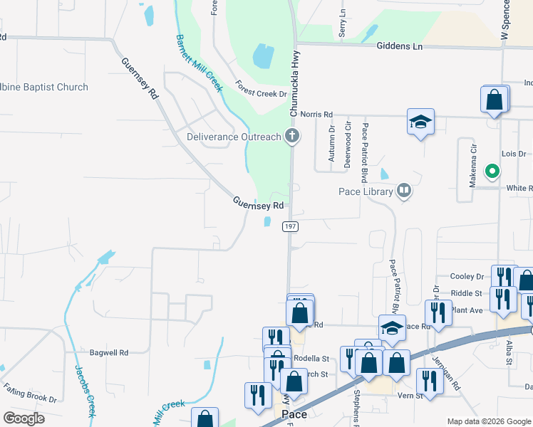 map of restaurants, bars, coffee shops, grocery stores, and more near 4775 Chumuckla Highway in Pace