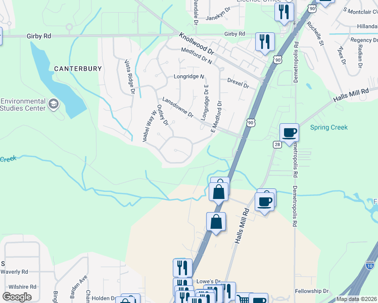 map of restaurants, bars, coffee shops, grocery stores, and more near 3924 Medford Drive East in Mobile