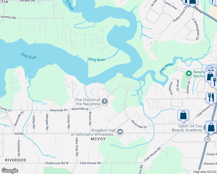map of restaurants, bars, coffee shops, grocery stores, and more near 2222 Riverside Drive in Mobile