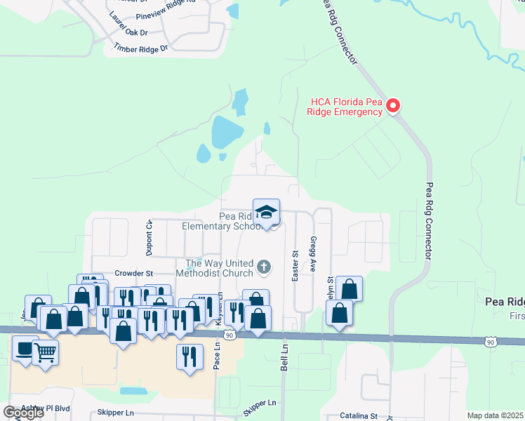 map of restaurants, bars, coffee shops, grocery stores, and more near 5058 Pennington Lane in Pace