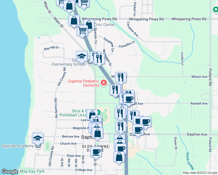 map of restaurants, bars, coffee shops, grocery stores, and more near 2211 U.S. 98 in Daphne