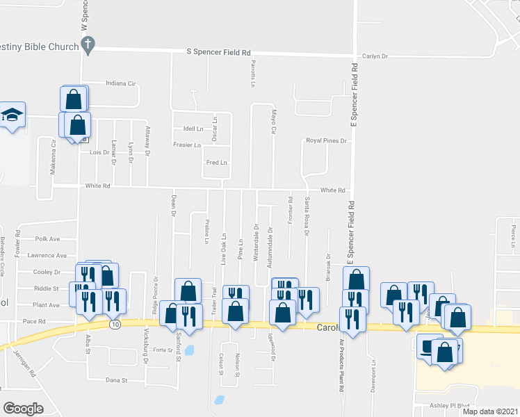 map of restaurants, bars, coffee shops, grocery stores, and more near 4772 Winterdale Drive in Pace