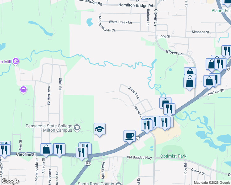 map of restaurants, bars, coffee shops, grocery stores, and more near 4868 Jaimee Leigh Drive in Milton