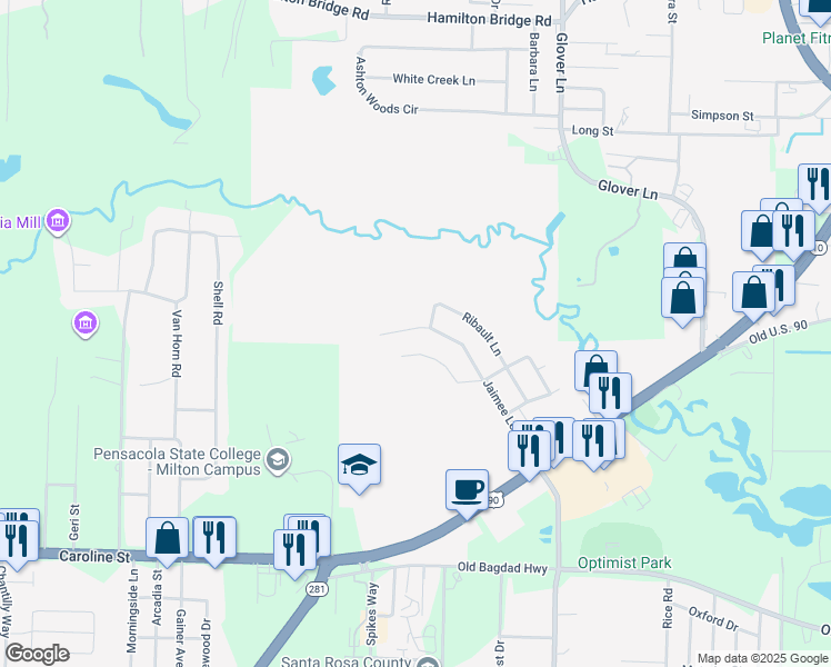 map of restaurants, bars, coffee shops, grocery stores, and more near 4863 Jaimee Leigh Drive in Milton