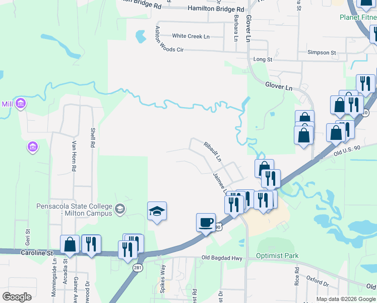 map of restaurants, bars, coffee shops, grocery stores, and more near 4851 Jaimee Leigh Drive in Milton