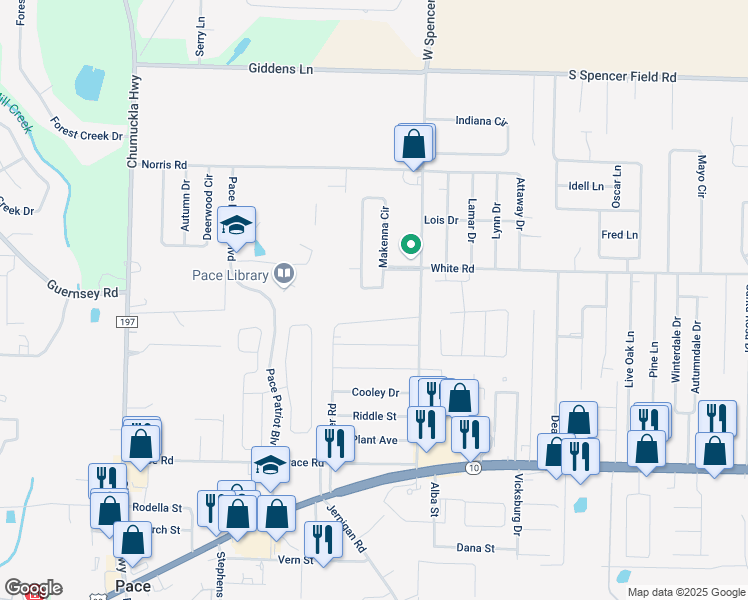 map of restaurants, bars, coffee shops, grocery stores, and more near 5004 Makenna Circle in Pace