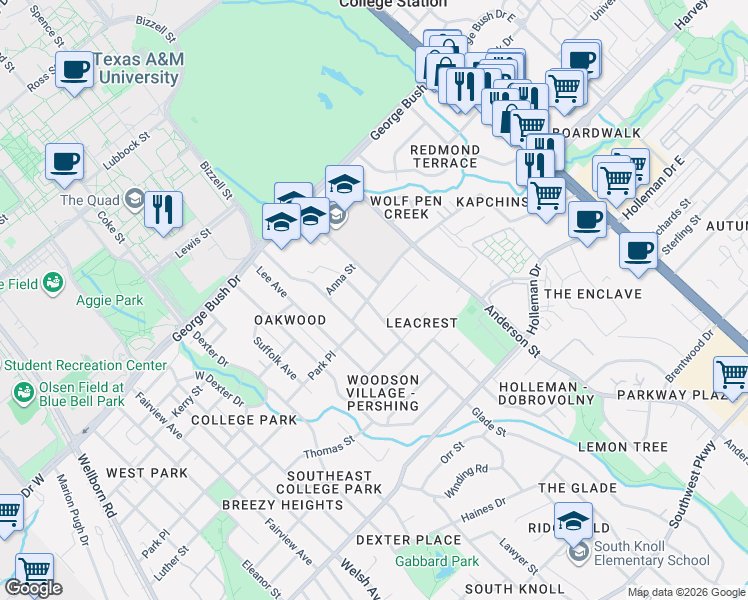 map of restaurants, bars, coffee shops, grocery stores, and more near 401 Glade Street in College Station