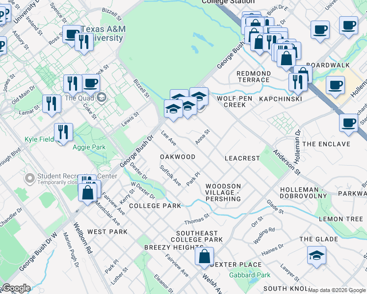 map of restaurants, bars, coffee shops, grocery stores, and more near 119 Lee Avenue in College Station