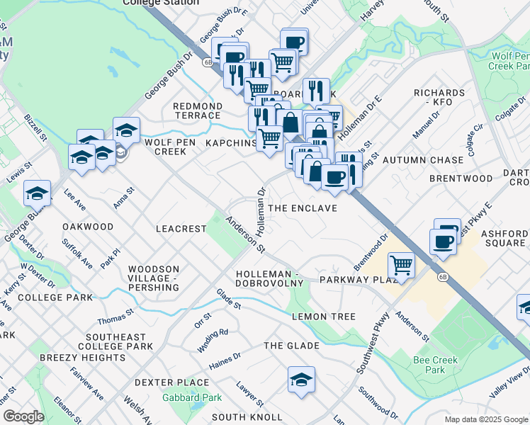 map of restaurants, bars, coffee shops, grocery stores, and more near 1600 Holleman Drive in College Station