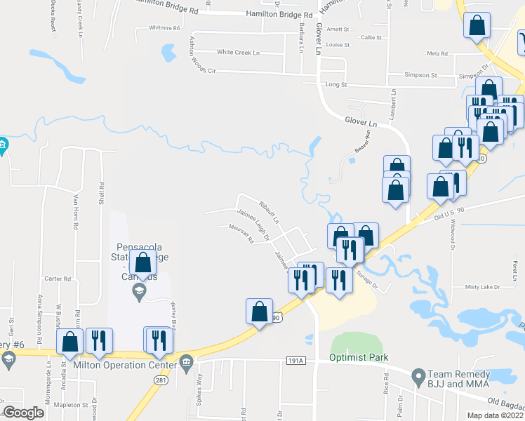 map of restaurants, bars, coffee shops, grocery stores, and more near 4821 Ribault Lane in Milton