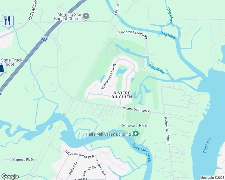 map of restaurants, bars, coffee shops, grocery stores, and more near 3820 Saint Andrews Court in Mobile