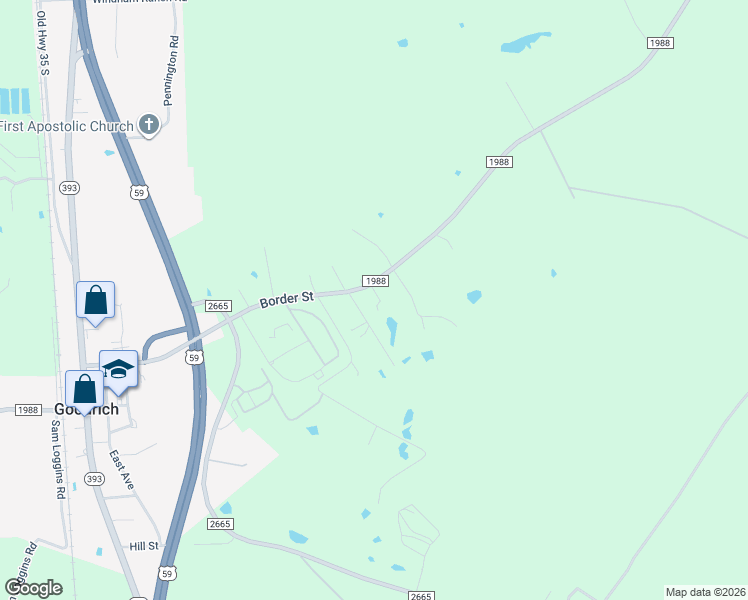 map of restaurants, bars, coffee shops, grocery stores, and more near 560 Farm to Market Road 1988 in Goodrich