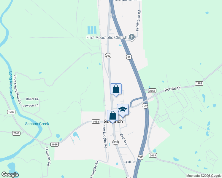 map of restaurants, bars, coffee shops, grocery stores, and more near 133 Jefferson Lane in Goodrich