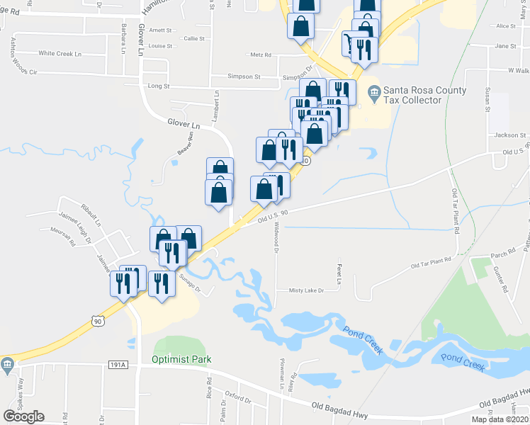 map of restaurants, bars, coffee shops, grocery stores, and more near 6377 U.S. 90 in Milton