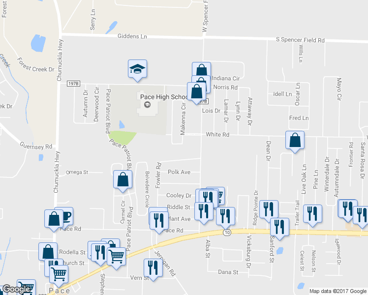 map of restaurants, bars, coffee shops, grocery stores, and more near 5004 Makenna Circle in Pace