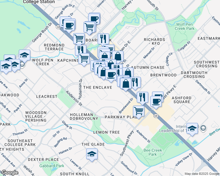 map of restaurants, bars, coffee shops, grocery stores, and more near 2100 Texas Avenue South in College Station