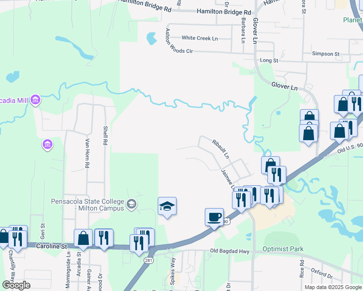 map of restaurants, bars, coffee shops, grocery stores, and more near 4886 Jaimee Leigh Drive in Milton