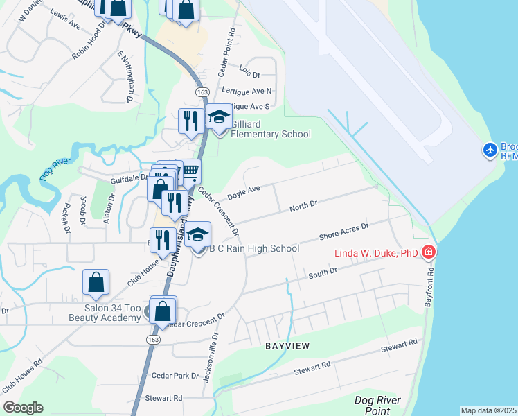 map of restaurants, bars, coffee shops, grocery stores, and more near 1314 North Drive in Mobile