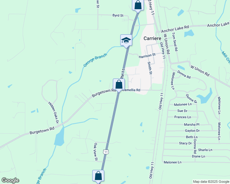 map of restaurants, bars, coffee shops, grocery stores, and more near 68 Burgetown Road in Carriere