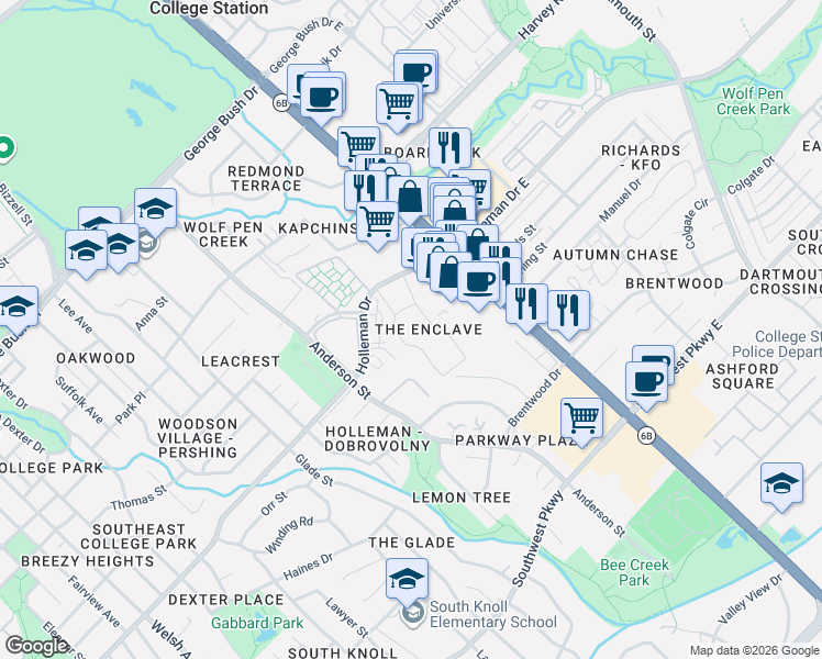 map of restaurants, bars, coffee shops, grocery stores, and more near 1800 Holleman Drive in College Station