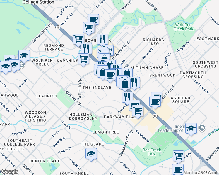 map of restaurants, bars, coffee shops, grocery stores, and more near 2100 Texas Avenue South in College Station
