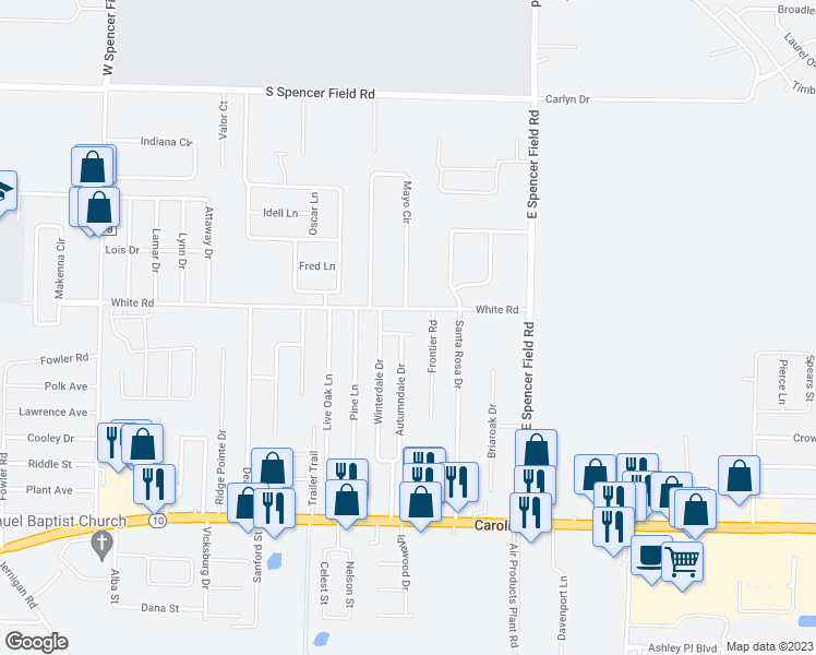 map of restaurants, bars, coffee shops, grocery stores, and more near 4490 Springview Court in Pace