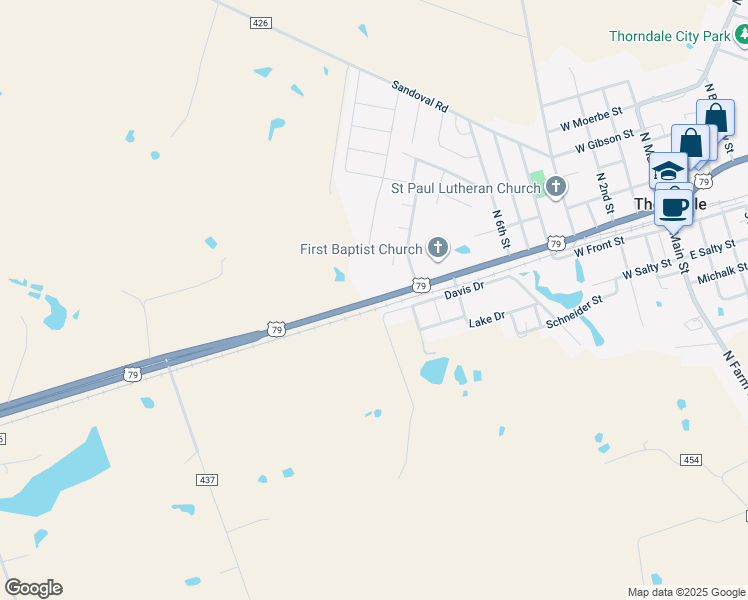 map of restaurants, bars, coffee shops, grocery stores, and more near 904 U.S. 79 in Thorndale