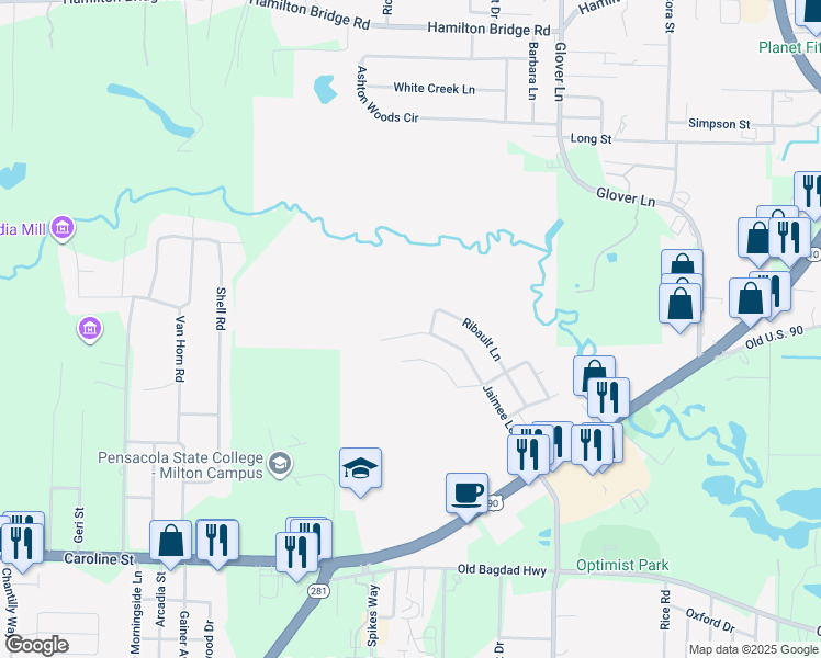 map of restaurants, bars, coffee shops, grocery stores, and more near 4868 Jaimee Leigh Drive in Milton