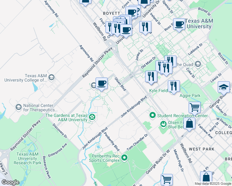 map of restaurants, bars, coffee shops, grocery stores, and more near 272 Olsen Boulevard in College Station