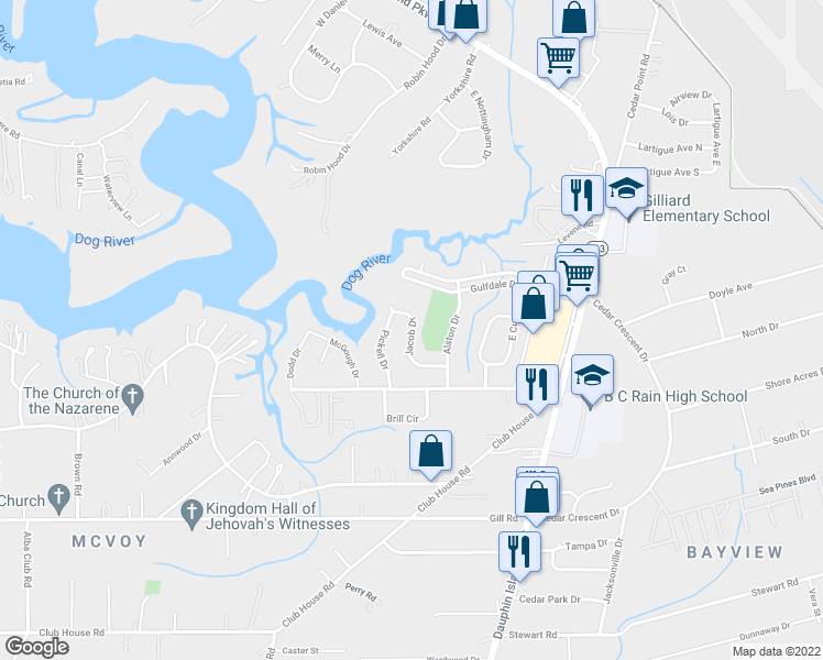 map of restaurants, bars, coffee shops, grocery stores, and more near 1801 Jacob Drive in Mobile