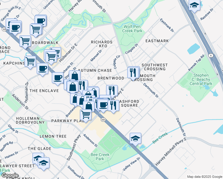map of restaurants, bars, coffee shops, grocery stores, and more near 218 Yale Court in College Station