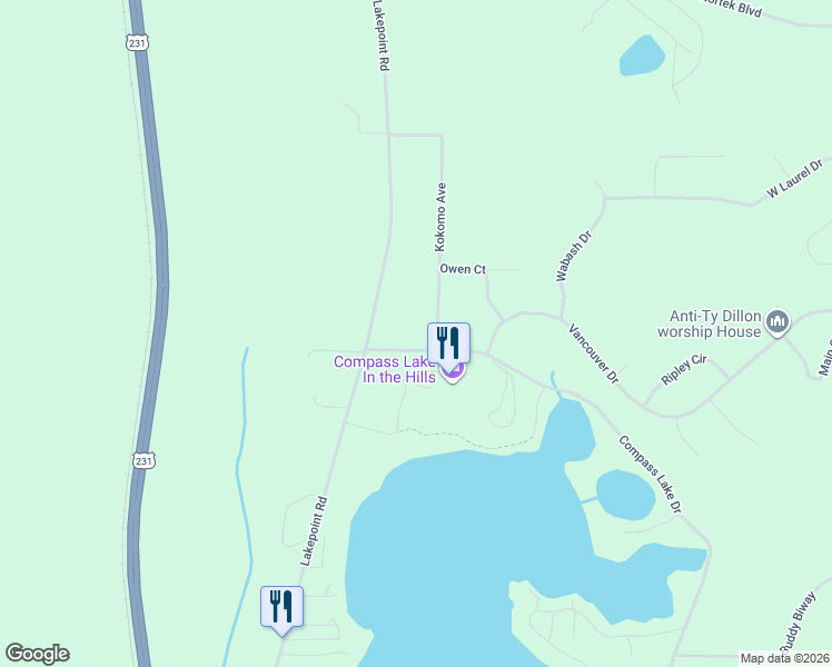 map of restaurants, bars, coffee shops, grocery stores, and more near 664 Compass Lake Drive in Alford