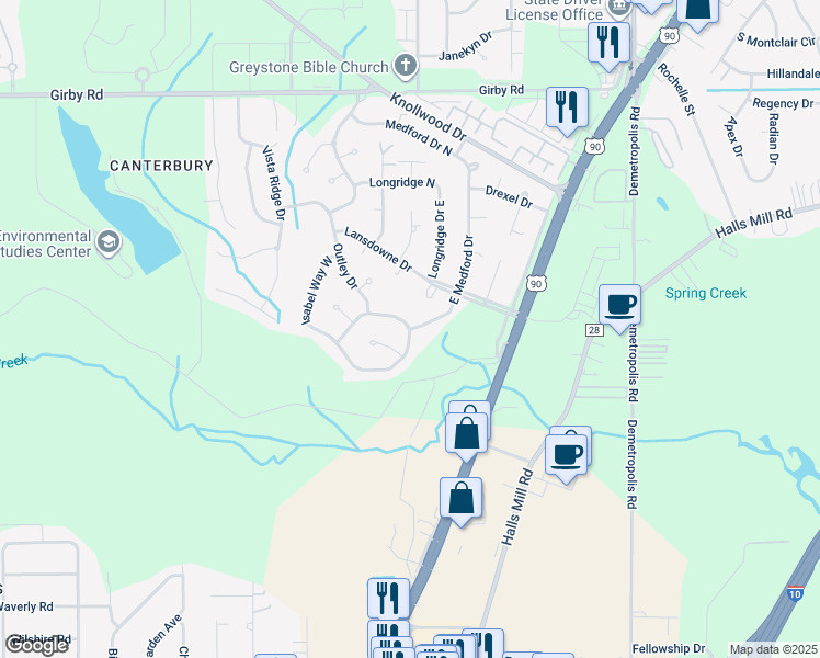map of restaurants, bars, coffee shops, grocery stores, and more near 4067 Isabel Way East in Mobile